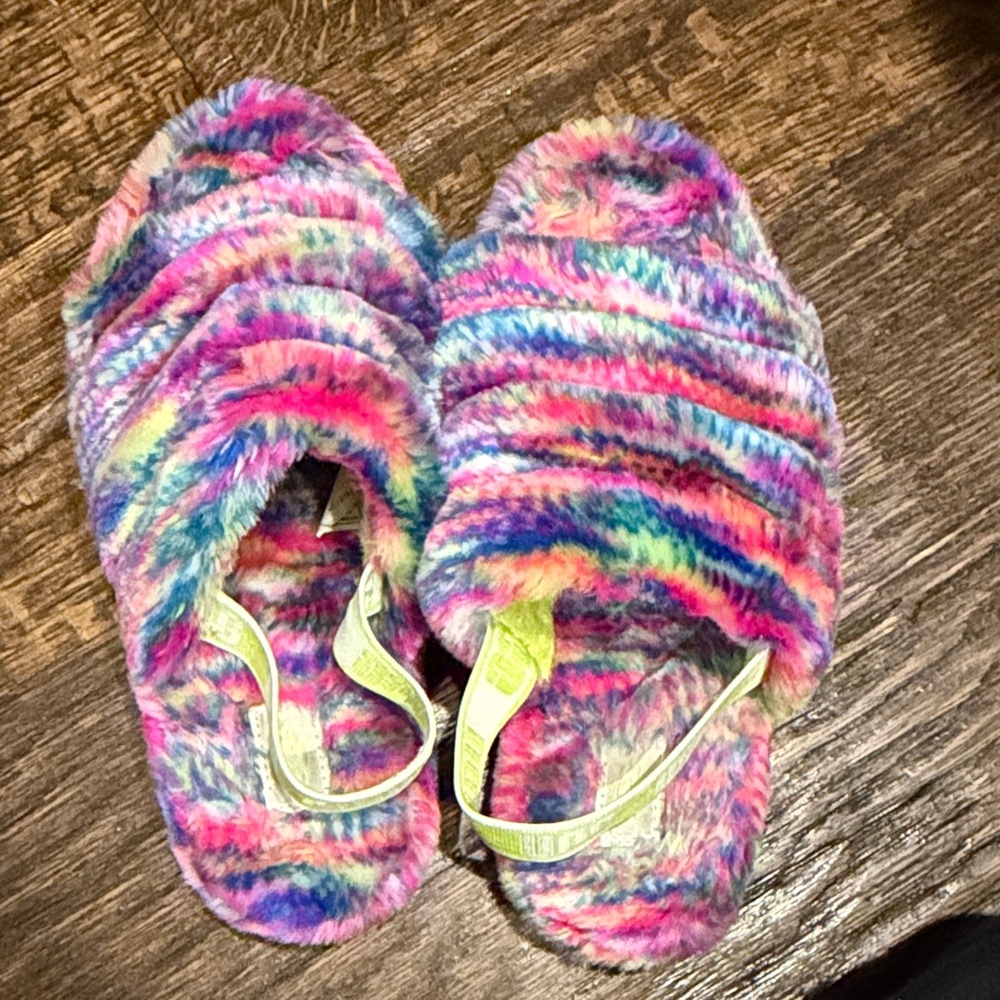 UGG Multicolor Fuzzy Slippers with Neon Green Strap